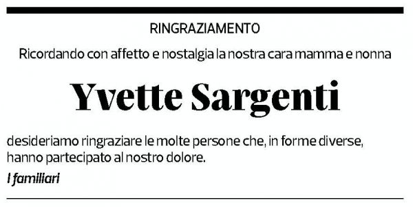 Annuncio funebre Yvette Sargenti