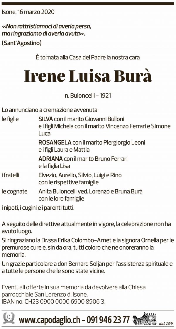 Annuncio funebre Irene Luisa Burà