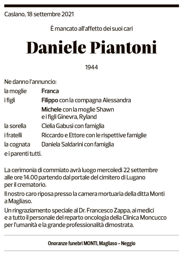 Annuncio funebre Daniele Piantoni