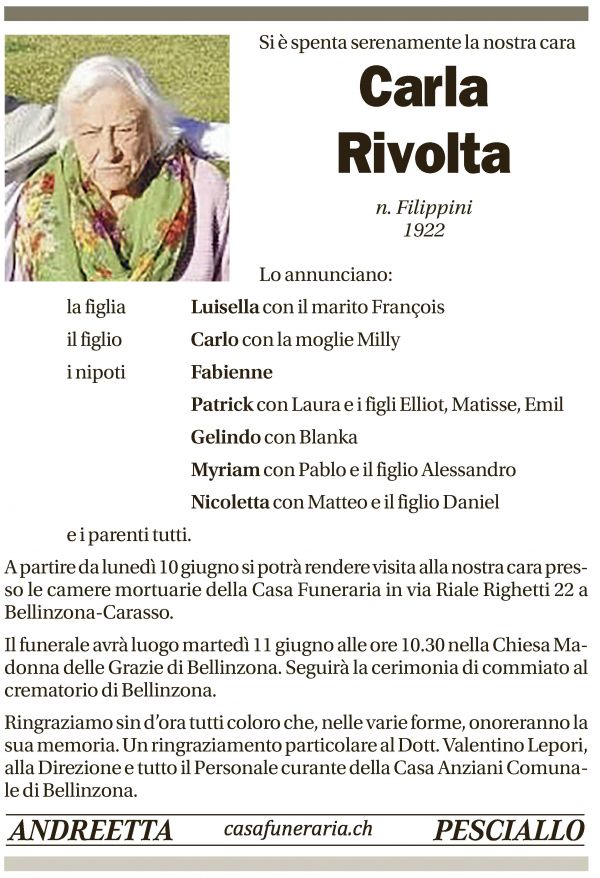 Annuncio funebre Carla Rivolta