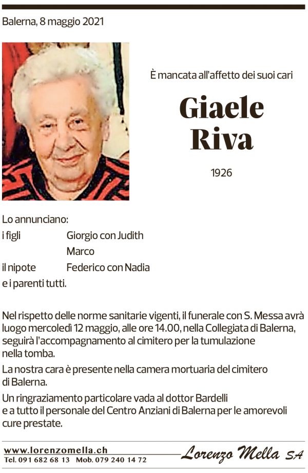 Annuncio funebre Giaele Riva