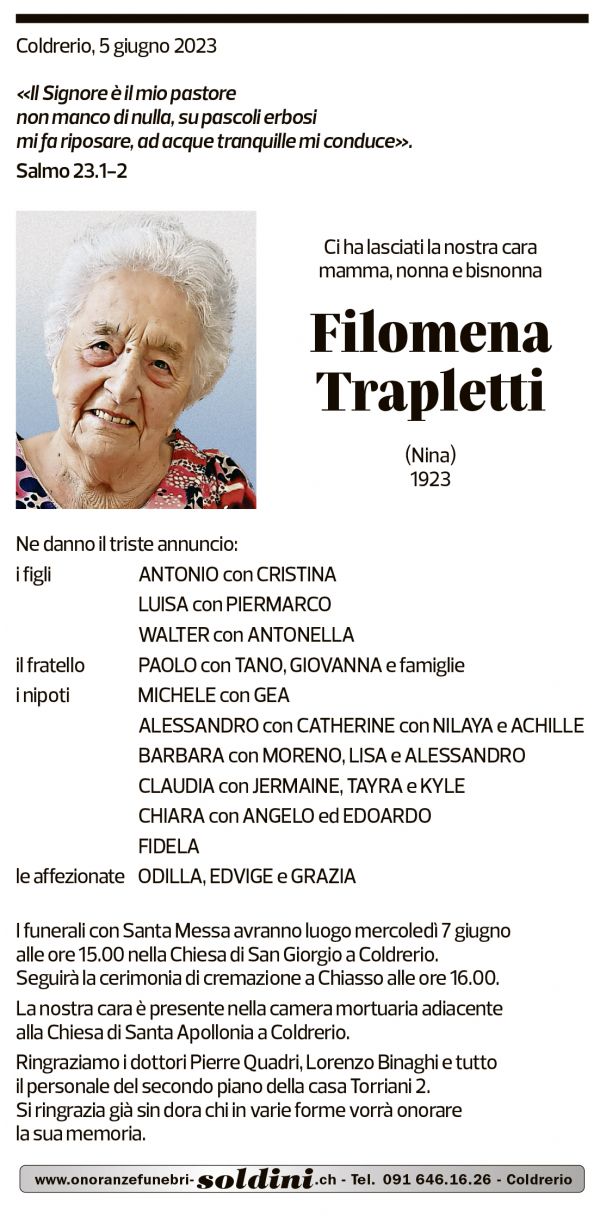 Annuncio funebre Filomena Trapletti