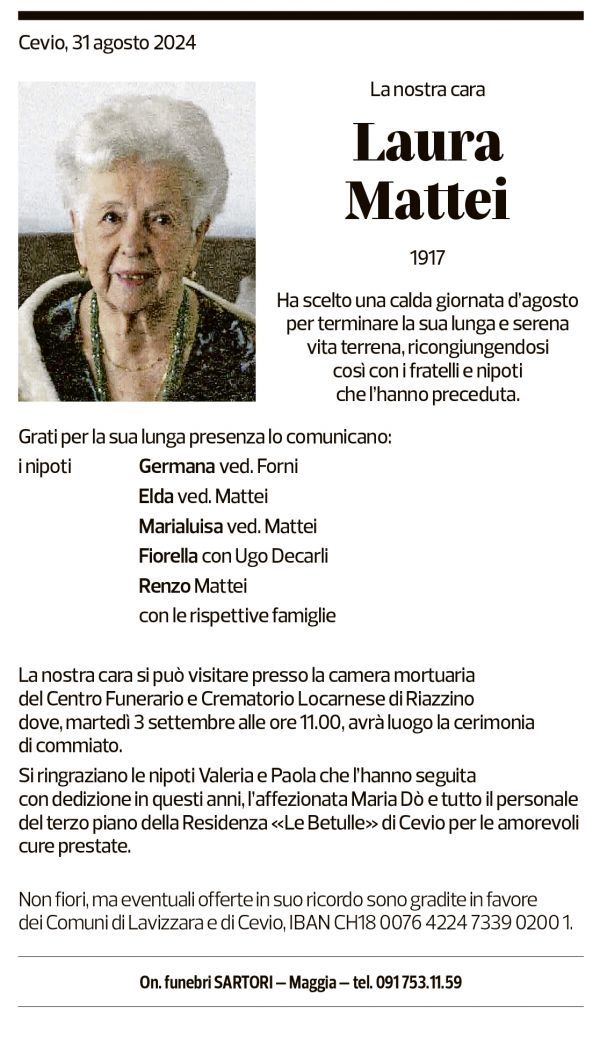 Annuncio funebre Laura Mattei