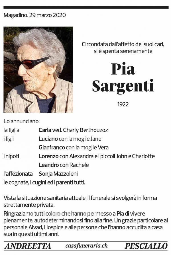 Annuncio funebre Pia Sargenti