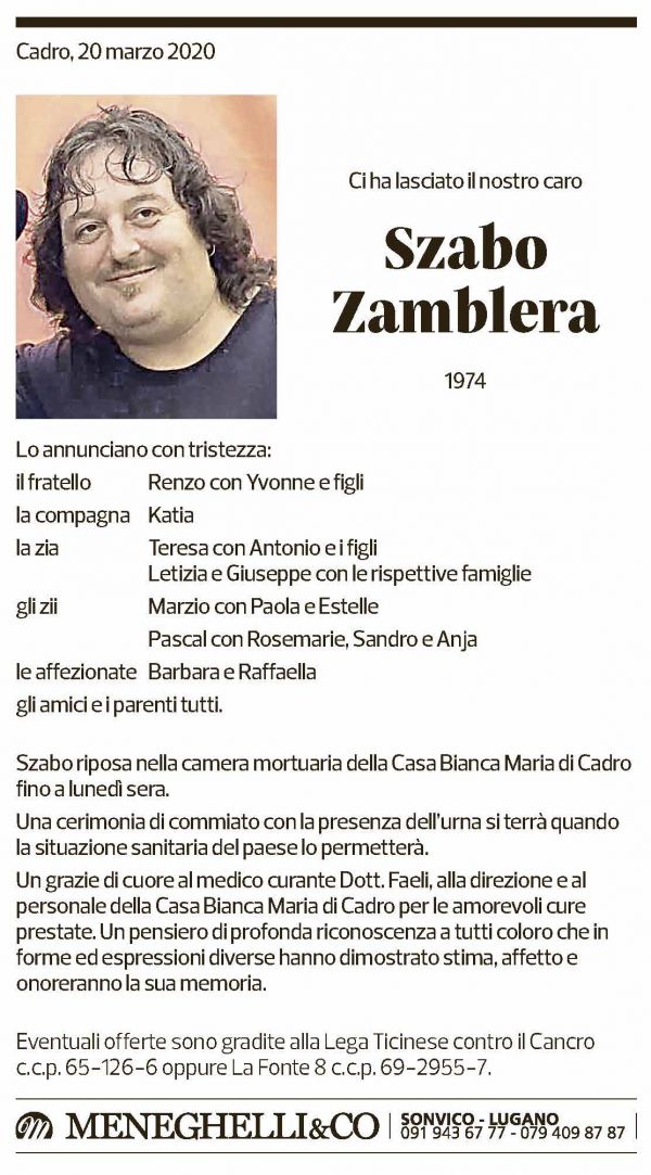 Annuncio funebre Szabo Zamblera