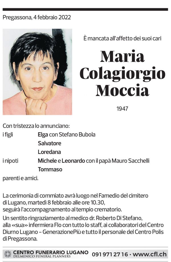 Annuncio funebre Maria Colagiorgio Moccia