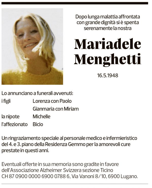 Annuncio funebre Mariadele Menghetti