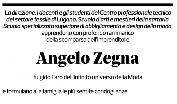 Annuncio funebre Angelo Zegna