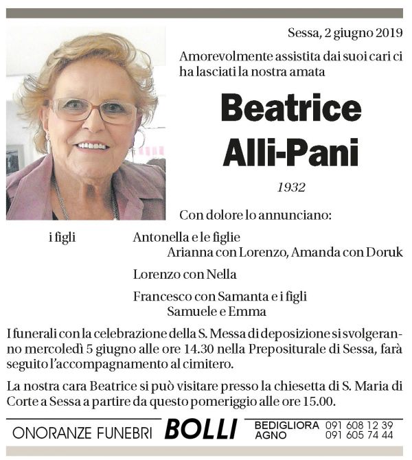 Annuncio funebre Beatrice Alli-pani