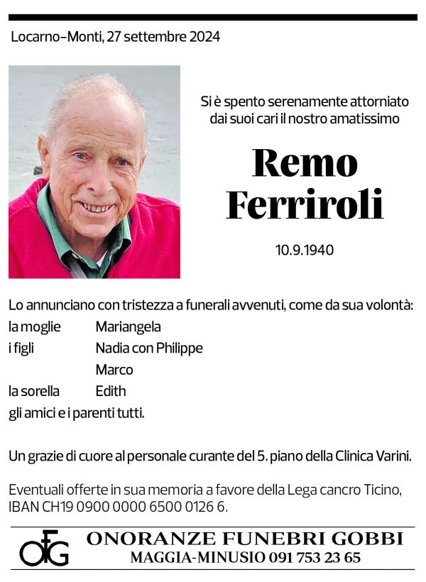 Annuncio funebre Remo Ferriroli