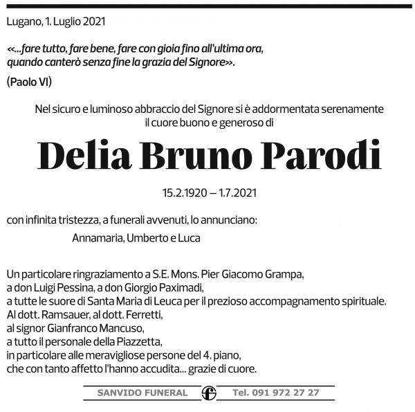 Annuncio funebre Delia Bruno Parodi