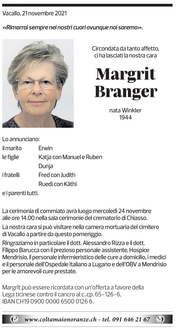 Annuncio funebre Margrit Branger