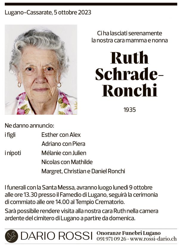 Annuncio funebre Ruth Schrade-ronchi