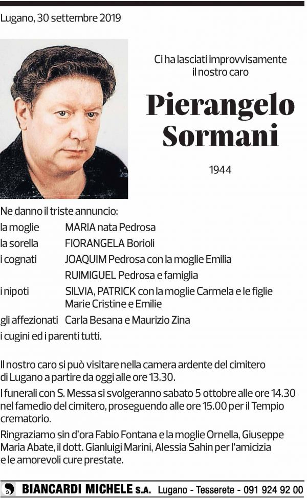 Annuncio funebre Pierangelo Sormani