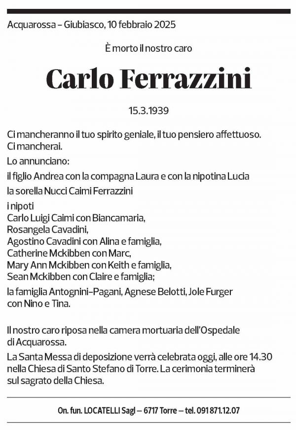 Annuncio funebre Carlo Ferrazzini