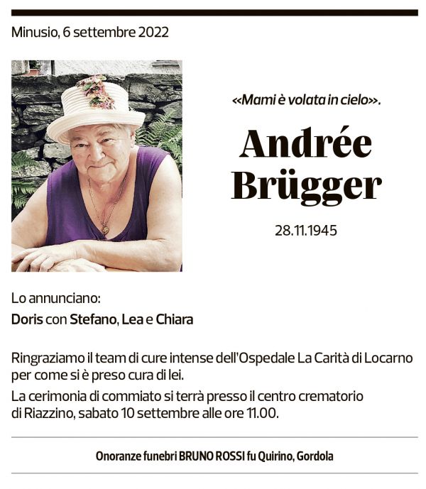 Annuncio funebre Andrée Brügger