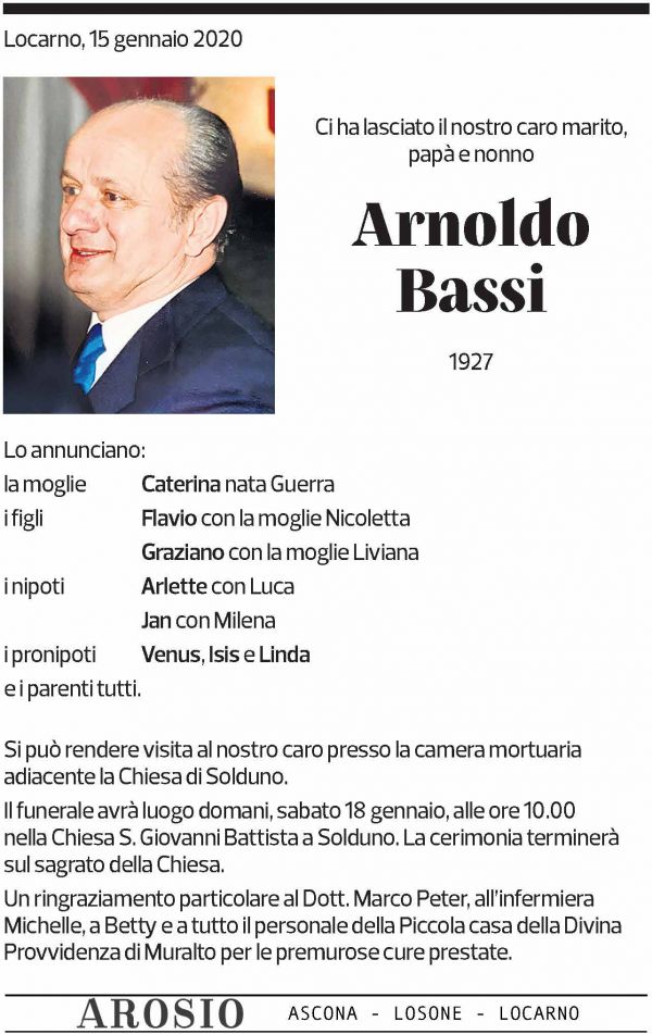 Annuncio funebre Arnoldo Bassi