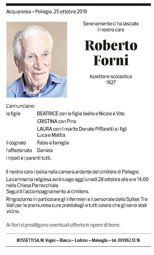 Annuncio funebre Roberto Forni
