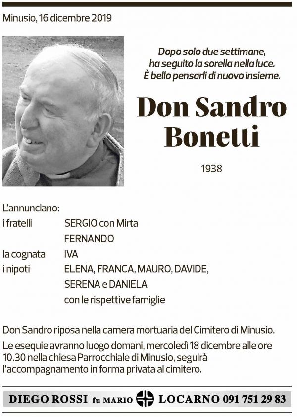 Annuncio funebre Don Sandro Bonetti
