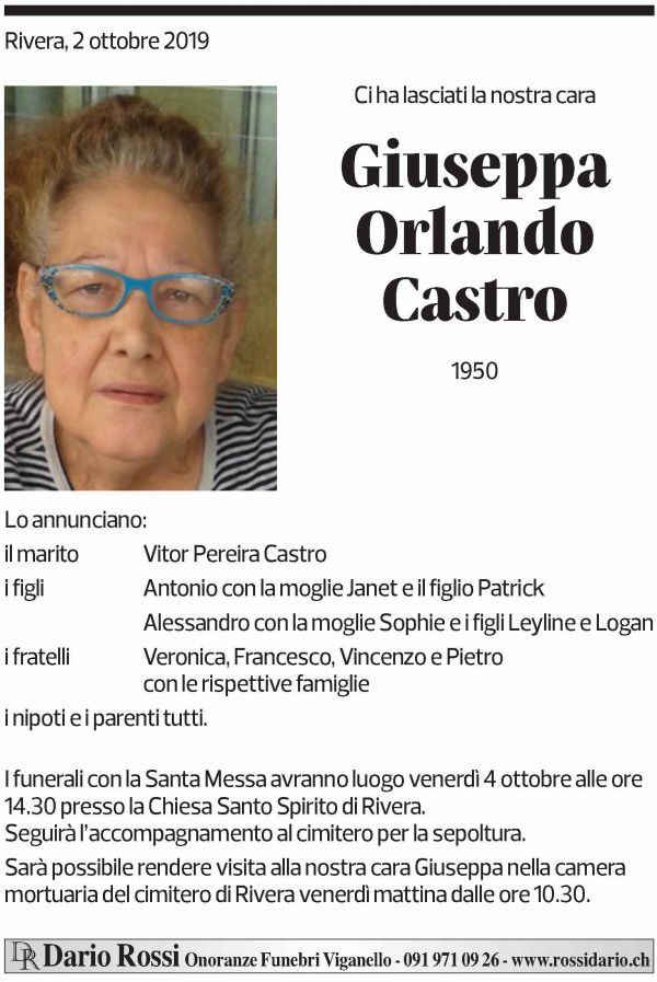 Annuncio funebre Giuseppa Orlando Castro