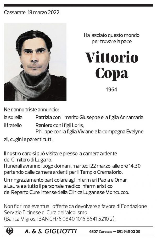 Annuncio funebre Vittorio Copa