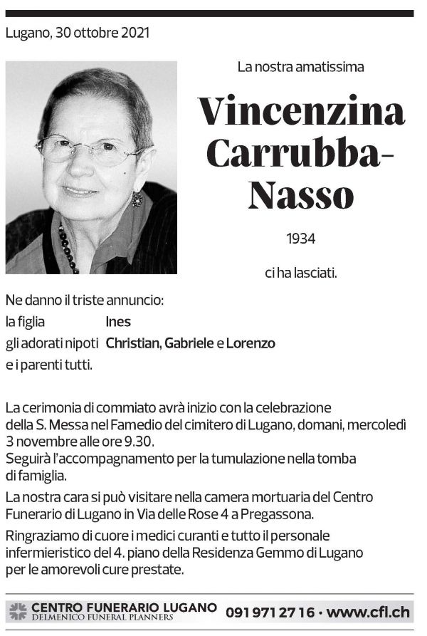 Annuncio funebre Vincenzina Carrubba - Nasso