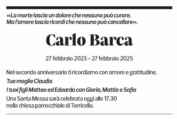 Annuncio funebre Carlo Barca
