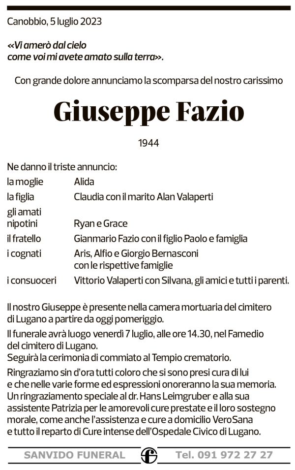 Annuncio funebre Giuseppe Fazio