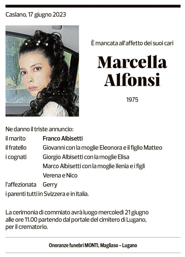 Annuncio funebre Marcella Alfonsi