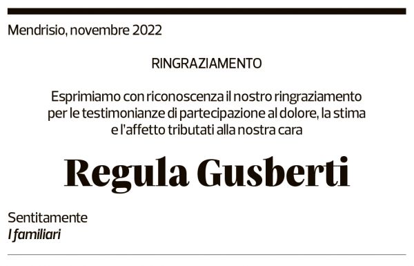 Annuncio funebre Regula Gusberti