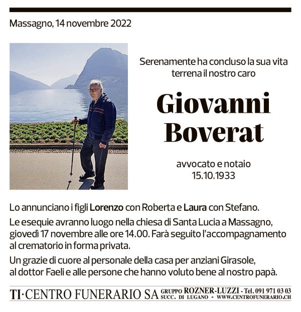 Annuncio funebre Giovanni Boverat