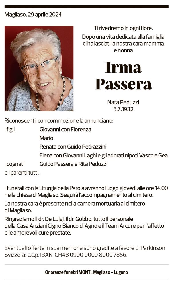 Annuncio funebre Irma Passera