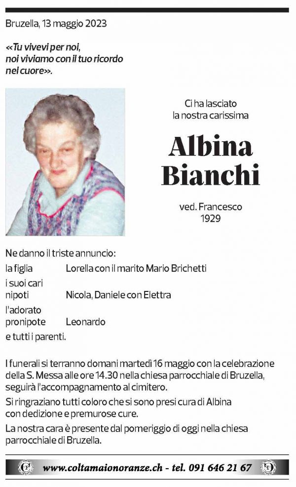 Annuncio funebre Albina Bianchi