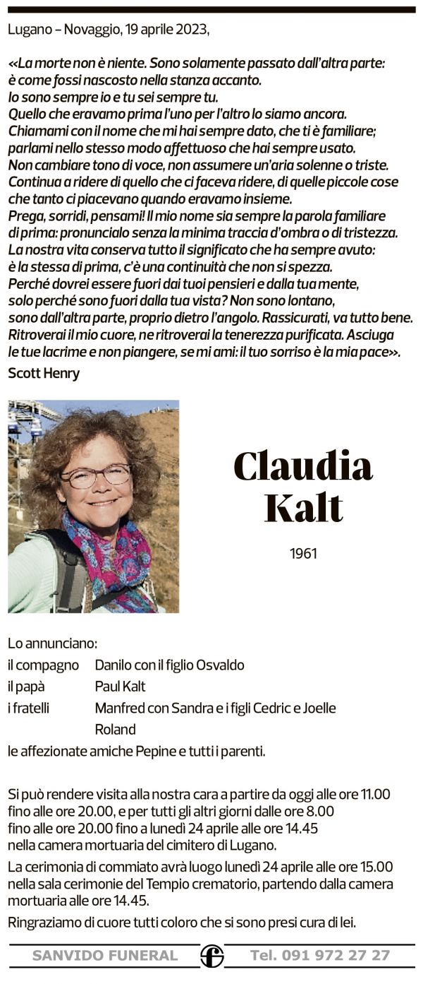 Annuncio funebre Claudia Kalt