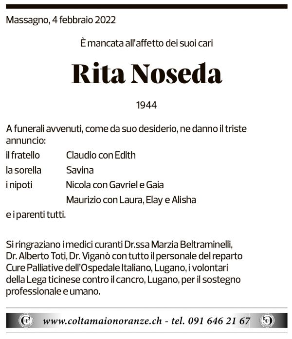 Annuncio funebre Rita Noseda