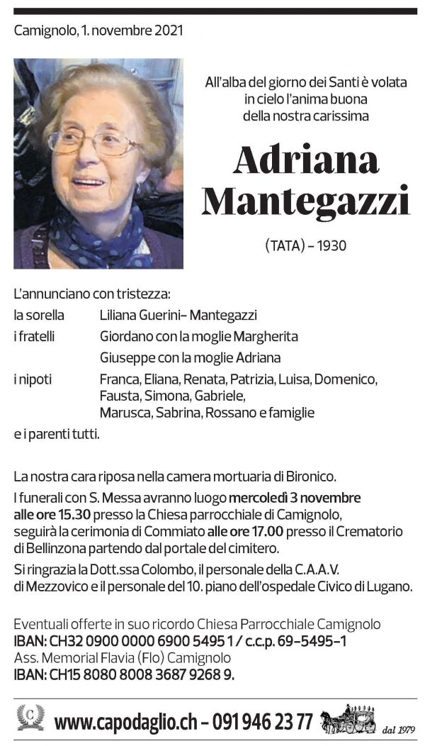 Annuncio funebre Adriana Mantegazzi