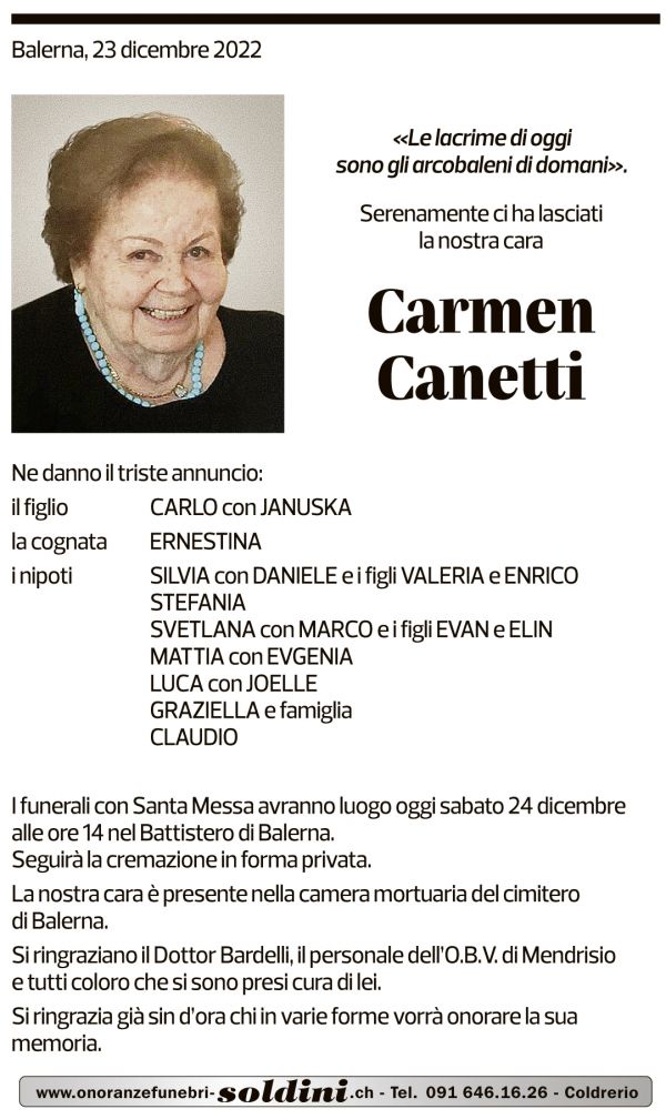 Annuncio funebre Carmen Canetti