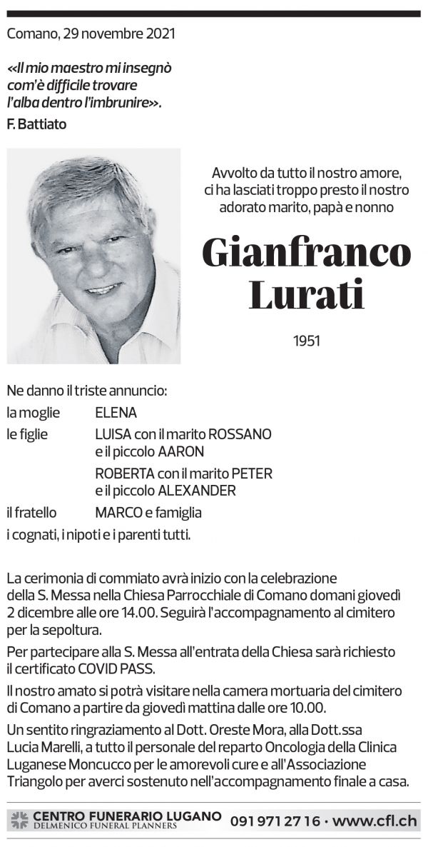 Annuncio funebre Gianfranco Lurati