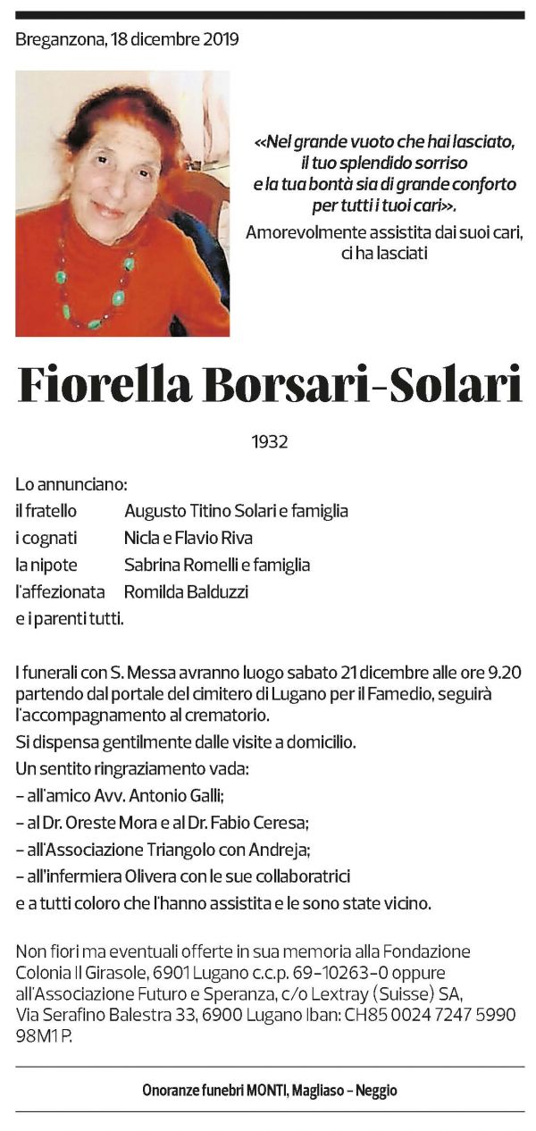 Annuncio funebre Fiorella Borsari-solari