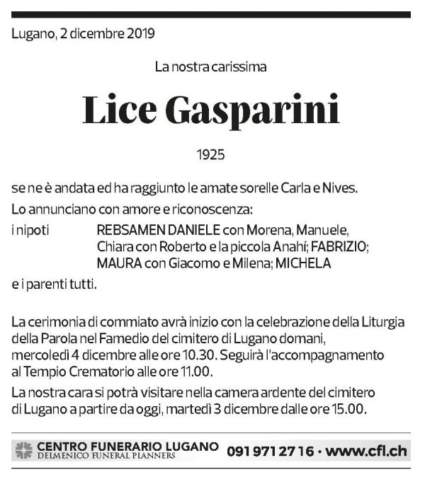 Annuncio funebre Lice Gasparini