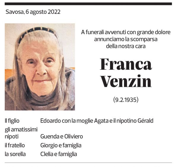 Annuncio funebre Franca Venzin