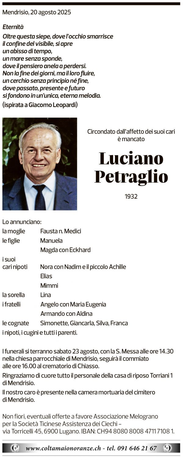 Annuncio funebre Luciano Petraglio