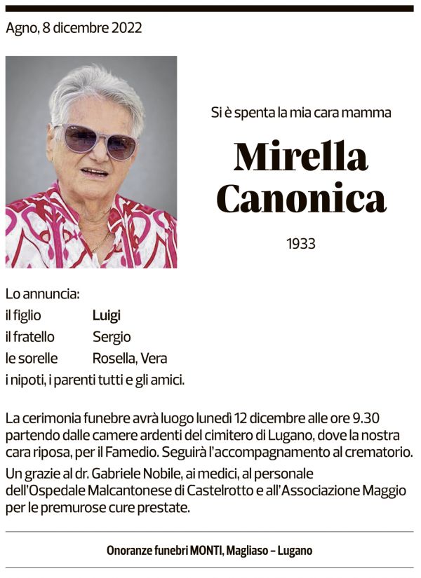 Annuncio funebre Mirella Canonica