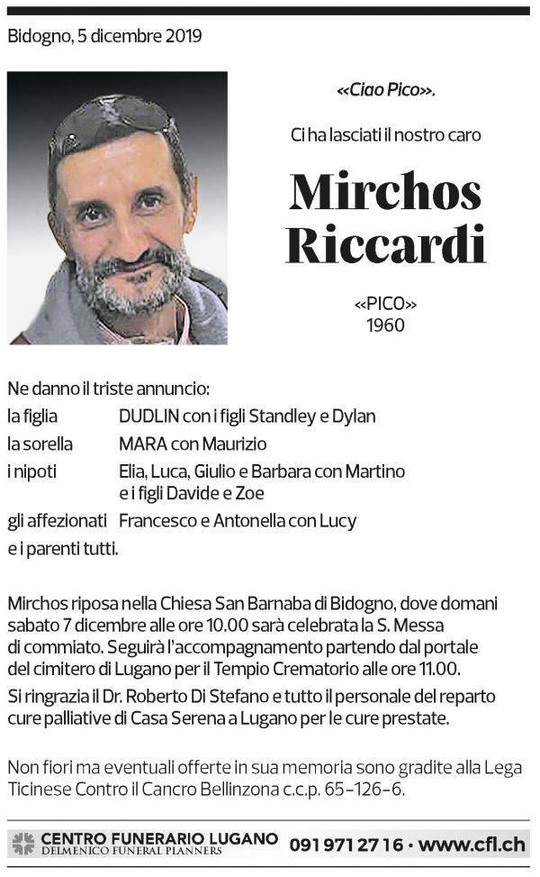 Annuncio funebre Mirchos Riccardi