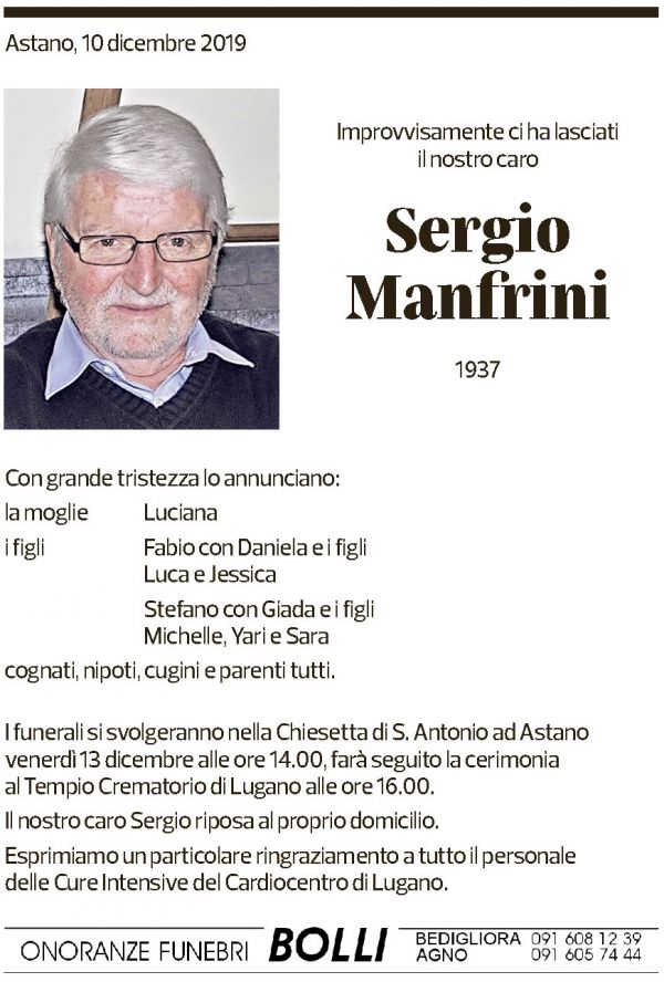 Annuncio funebre Sergio Manfrini