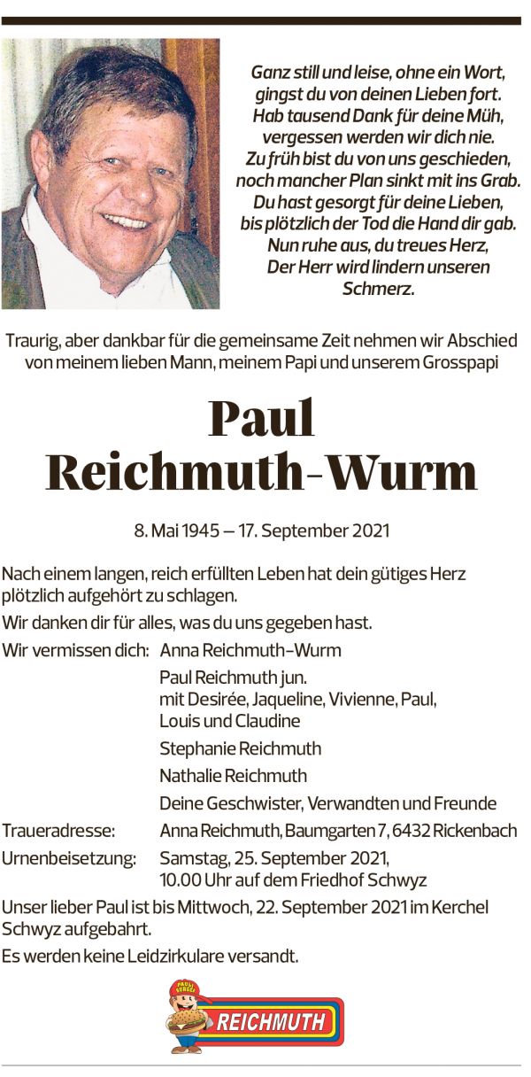 Annuncio funebre Paul Reichmuth-wurm