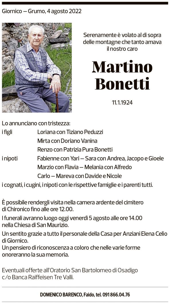 Annuncio funebre Martino Bonetti