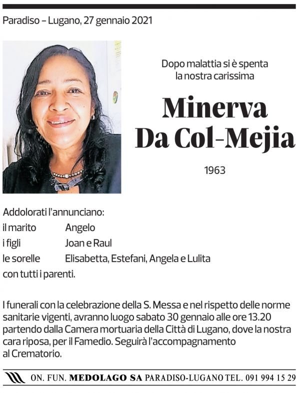 Annuncio funebre Minerva Da Col-mejia