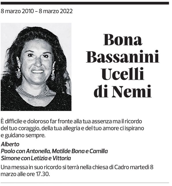 Annuncio funebre Bona Bassanini Ucelli Di Nemi