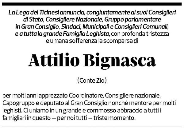 Annuncio funebre Attilio Bignasca
